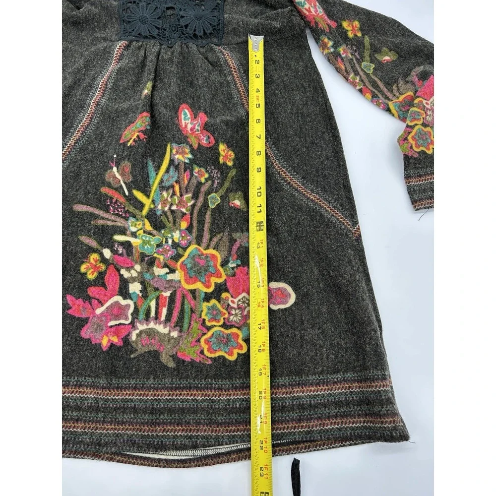 Aryeh Boho Sweater Dress Charcoal Floral Butterfly Embroidered Crochet Lace Sz L - Picture 11 of 12